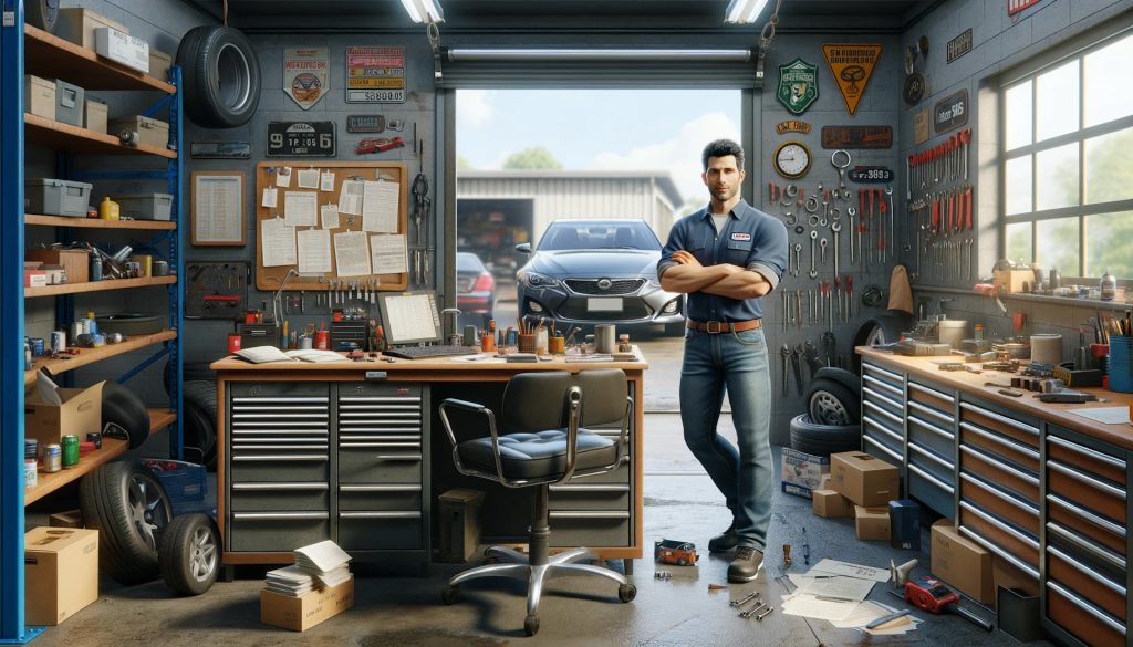 Car garage with garage manager standing near desk